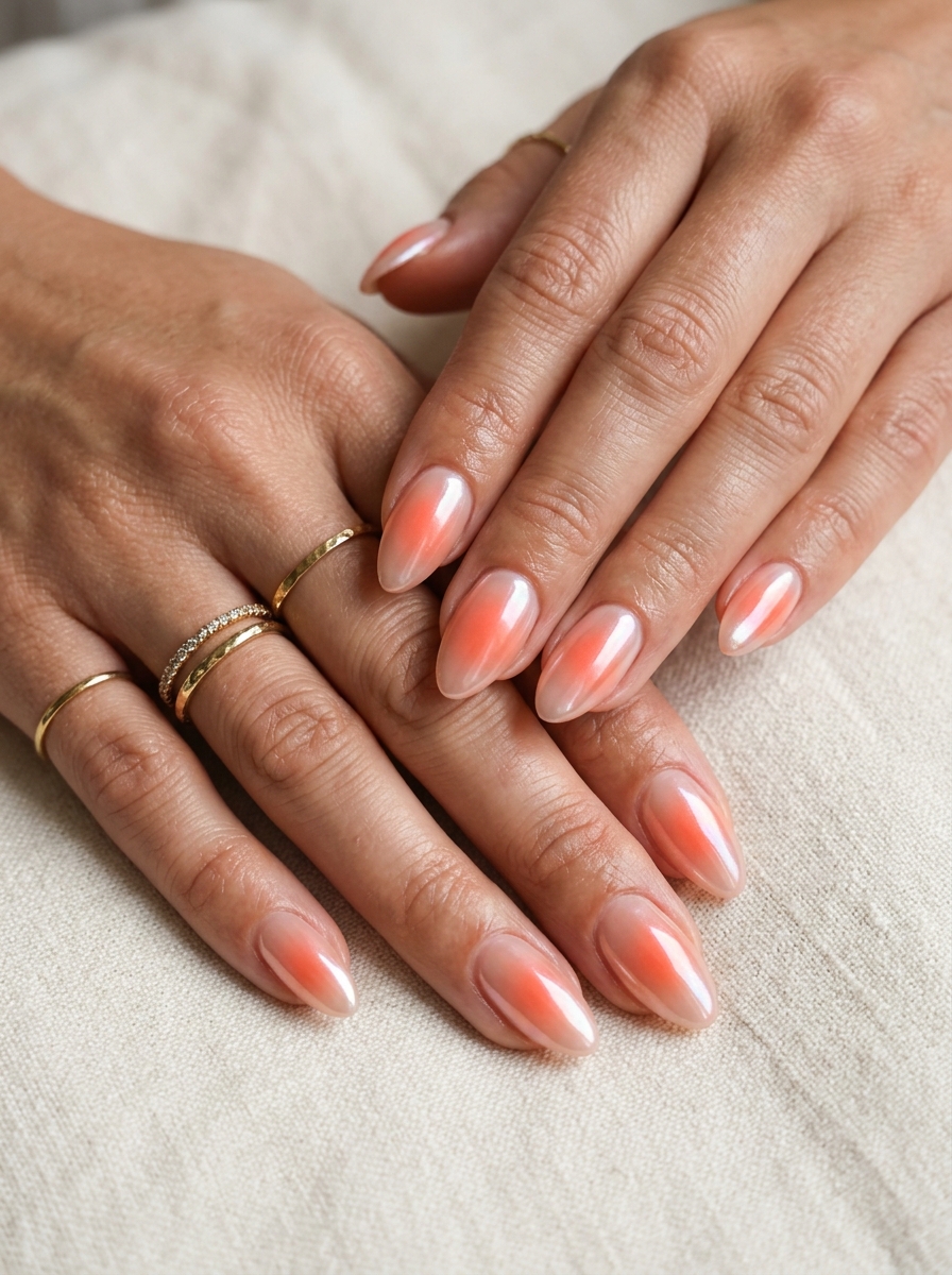 Coral Aura Chrome Nails